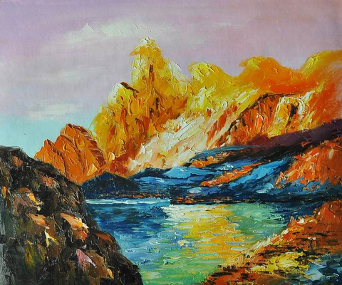 Knife Mountain River Landscape Art Painting - Hand Painted