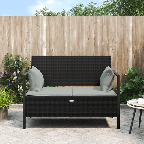 vidaXL 2-Seater Patio Bench with Cushions Black Poly Rattan - WhatYouNeedSales